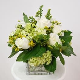 White roses and pale green hydrangeas in a square glass vase