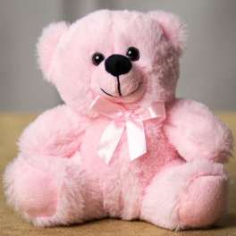 Pink plush teddy bear with a satin bow