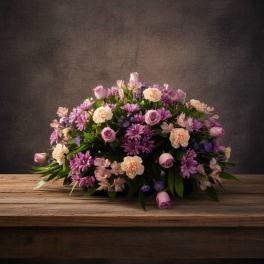 Low bouquet of pink and purple flowers on a wooden table
