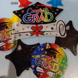 Graduation-themed star balloons with "Congrats Grad" text