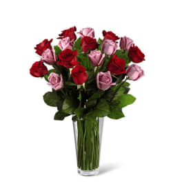 Bouquet of red and pink roses in a clear glass vase