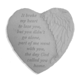 Heart-shaped memorial plaque with engraved text and angel wings
