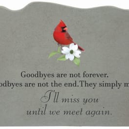 Gray memorial plaque with a red cardinal and white flower graphic