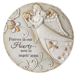 Round memorial plaque with an angel and the words "Forever in our Hearts"