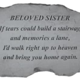 Memorial plaque reading "Beloved Sister" with a sympathy verse