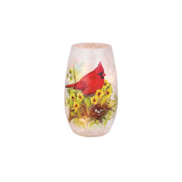 Decorative glass vase with a red bird and yellow flowers