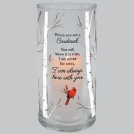 Glass candle holder with cardinal memorial text and bird illustration