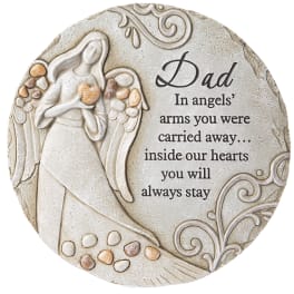 Round memorial plaque with an angel and the word Dad