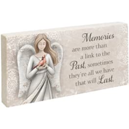 Decorative sympathy plaque with an angel holding a cardinal and memorial text