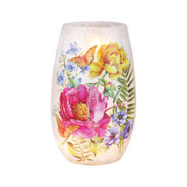 Floral-patterned frosted glass vase with butterflies