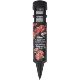 Black memorial solar light stake with floral print and tribute text
