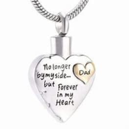 Heart-shaped memorial pendant on a chain with "Dad" text