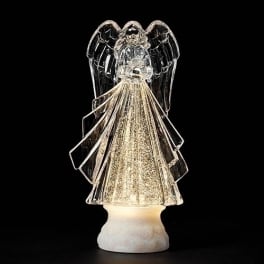 Clear angel figurine with black wings and a glowing base