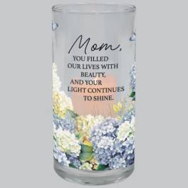 Glass memorial candle holder with floral design and a message for Mom