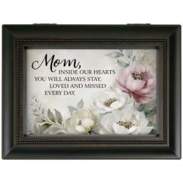 Framed floral memorial sign with the words "Mom, inside our hearts you will always stay"