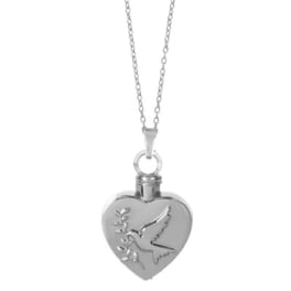 Silver heart-shaped pendant necklace with a dove engraving