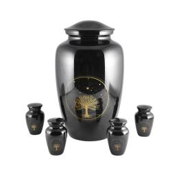 Black memorial urn set with one large urn and four small keepsake urns