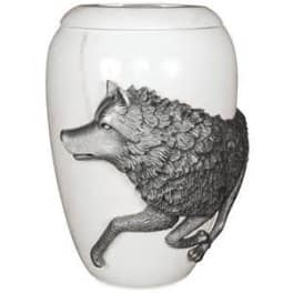 White ceramic vase with a black wolf illustration