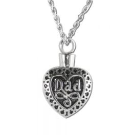 Heart-shaped pendant necklace with "Dad" text