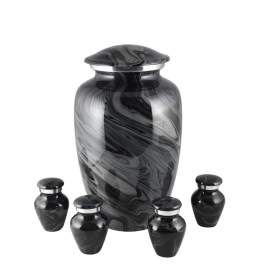 Black marbled urn with four matching small keepsake urns