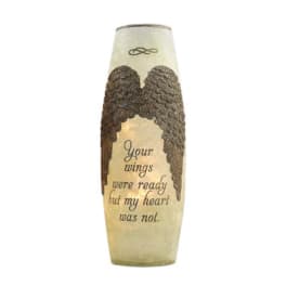Decorative memorial vase with angel wings and a sympathy quote