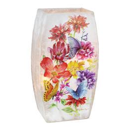 Decorative white vase with colorful floral and butterfly print