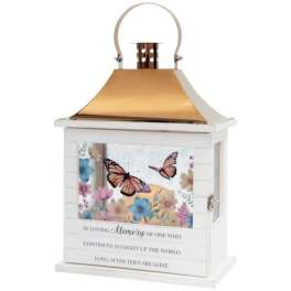 White memorial lantern with butterflies and floral print