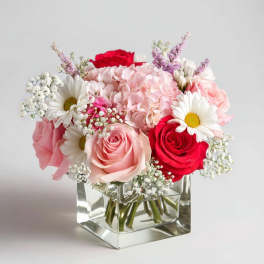 Pink and red roses with daisies in a clear glass vase