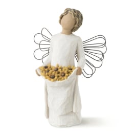 Angel figurine holding a basket of yellow flowers