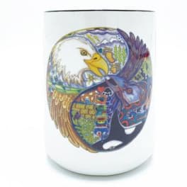 White ceramic mug with a colorful eagle illustration