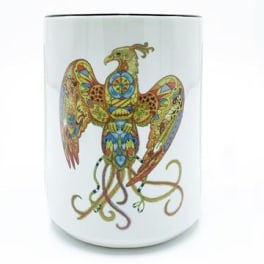 White ceramic mug with a colorful bird illustration
