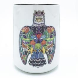 White ceramic mug with a colorful owl illustration