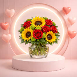 Bouquet of red roses and yellow sunflowers in a glass vase