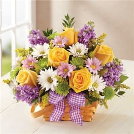 Basket arrangement of yellow roses, white daisies, and purple flowers with a ribbon