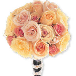 Bouquet of peach and pink roses wrapped with ribbon