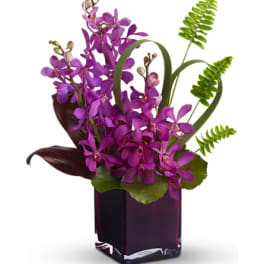Purple orchid arrangement in a dark glass vase with green accents
