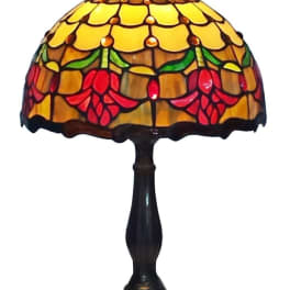 Stained glass table lamp with yellow and red floral shade