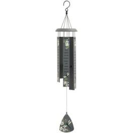 Hanging metal wind chime with floral-painted panels and a clapper