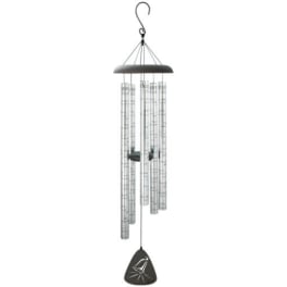 Silver wind chime with hanging metal tubes and a black clapper