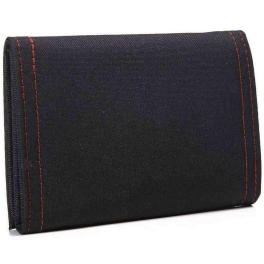 Black fabric wallet with red stitching on a white background