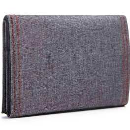 Gray fabric clutch with red stitched trim
