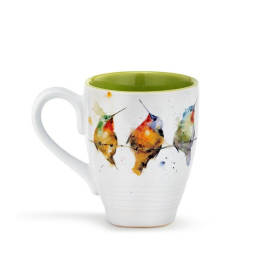 White mug with a green interior and watercolor hummingbirds