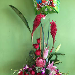 Tropical flower arrangement with roses and a "Get Well Soon" balloon