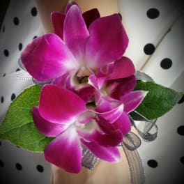Pink orchid corsage with ribbon and green leaves