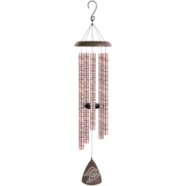 Hanging copper wind chime with pink tubes and a winged clapper.