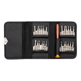 Black tool roll with multiple precision screwdriver bits and a handle