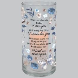 Glass memorial candle holder with blue floral and butterfly design