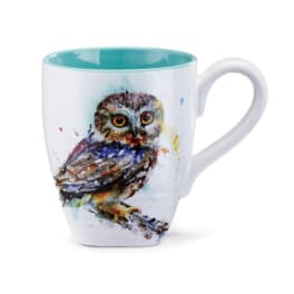 White mug with a colorful owl illustration and teal interior