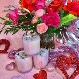 Pink and red rose bouquet with glitter hearts and candles
