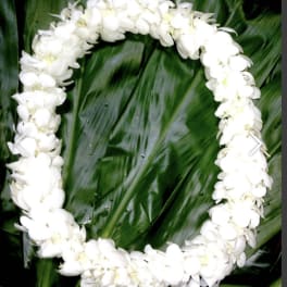 White flower lei on a bed of dark green leaves
